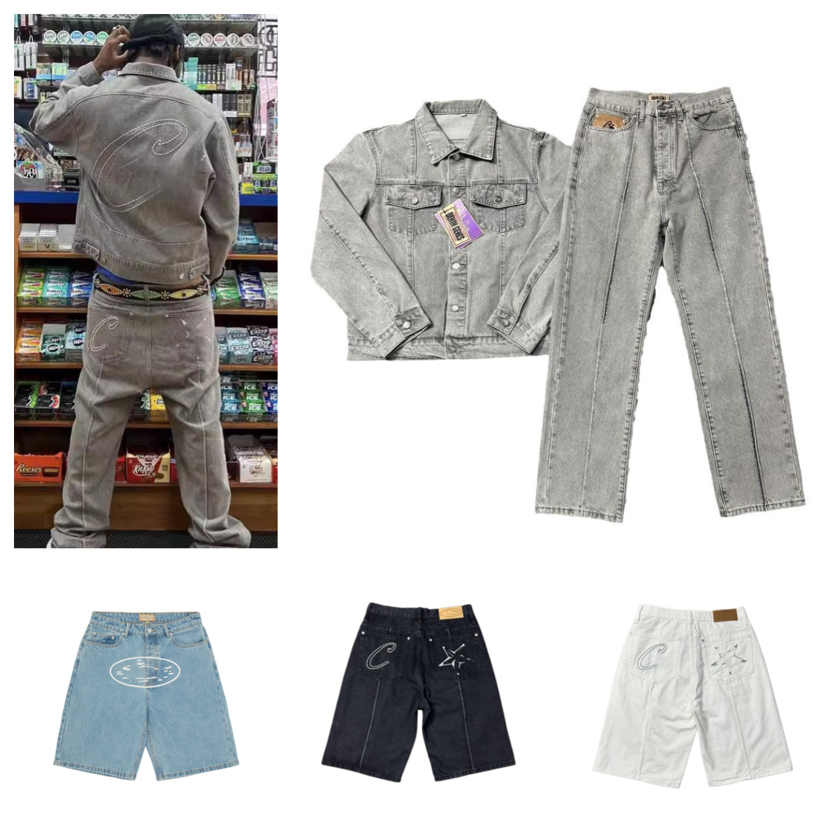 Trendy Jeans Designer Men's Shorts HIP HOP New Star Embroidery American High Street Vintage Casual Five quarter Pants Denim Jacket Set