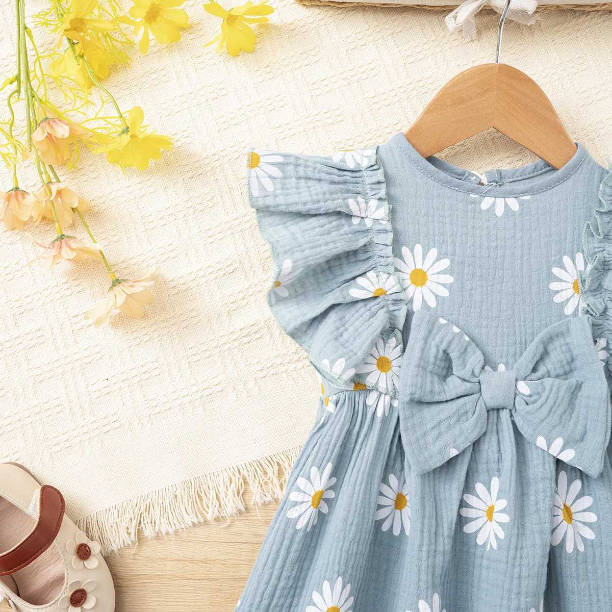 Girls summer daisy print dress cotton muslin sweet bowknot dress ruffle sleeve breathable lightweight dress H260402