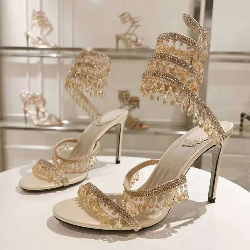 Summer High Heels Women Rhinestone String Bead Ankle Snake Twine Around Wedding Shoes Lady Gladiator Sandals Woman