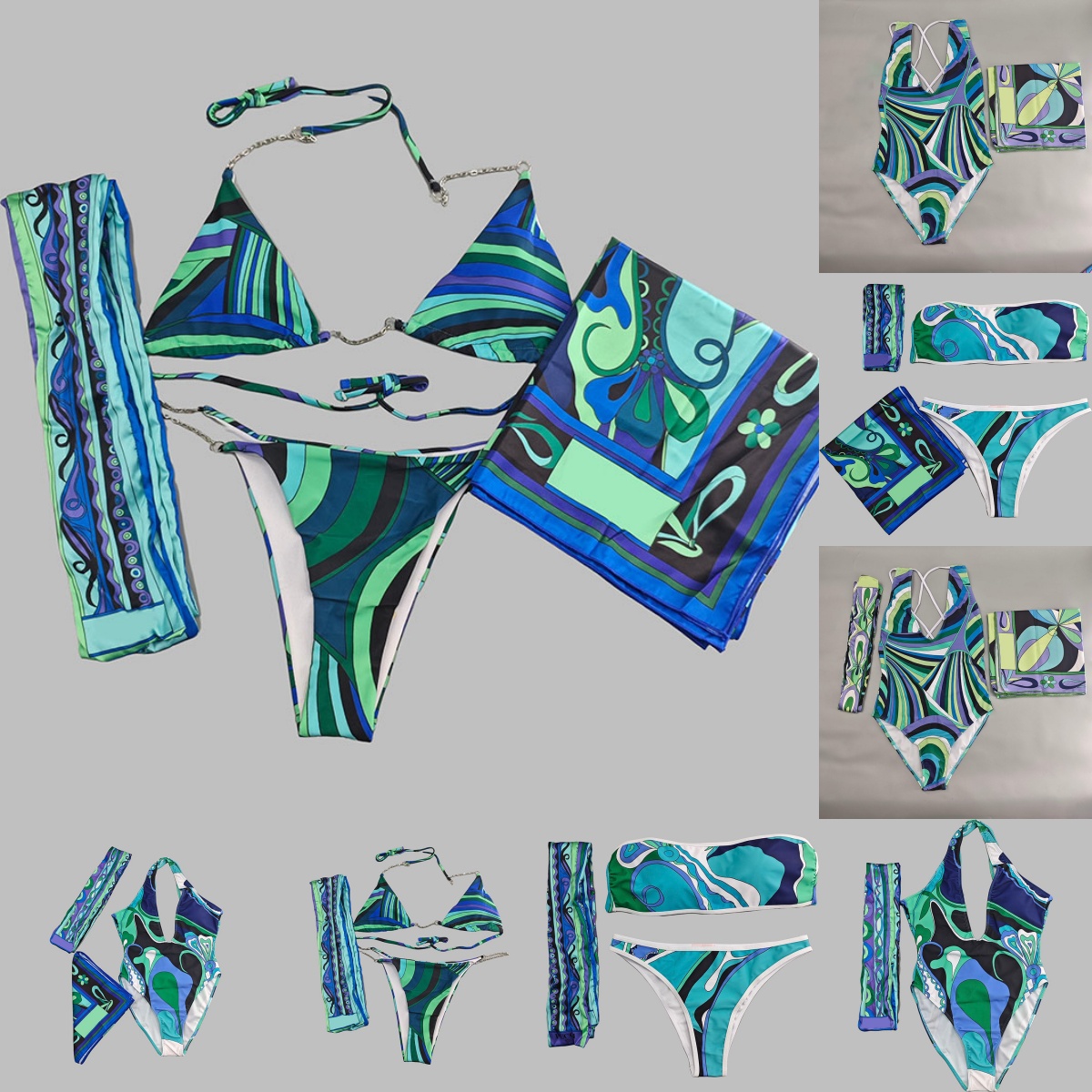 Designer Mixed Prints Bikinis Women Swimwear Scarf Headband Sexy Halter Padded Split Swimsuit Sarong Summer Beach Vacation Yacht Pool Party Bathing Suits