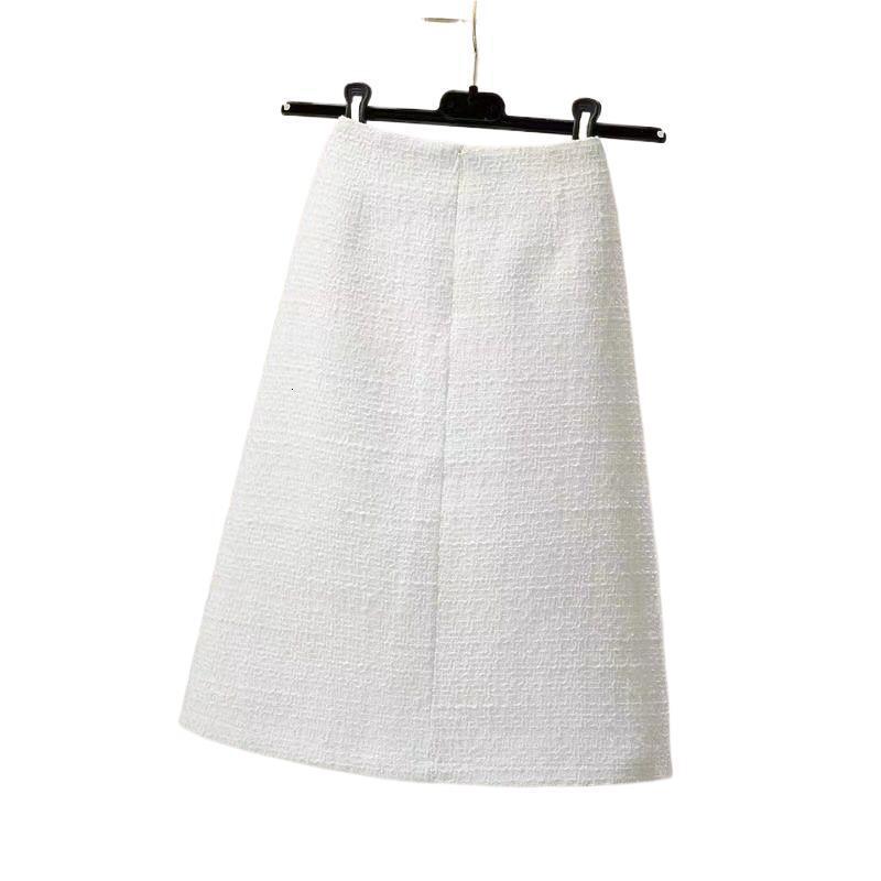 Luxury Brand Designer Clothes Autumn Winter Little Style Shiny Silk Midi Skirt Women High Waist Woolen A-Line Bodycon Skirt White Tweed Long Skirt - view 6