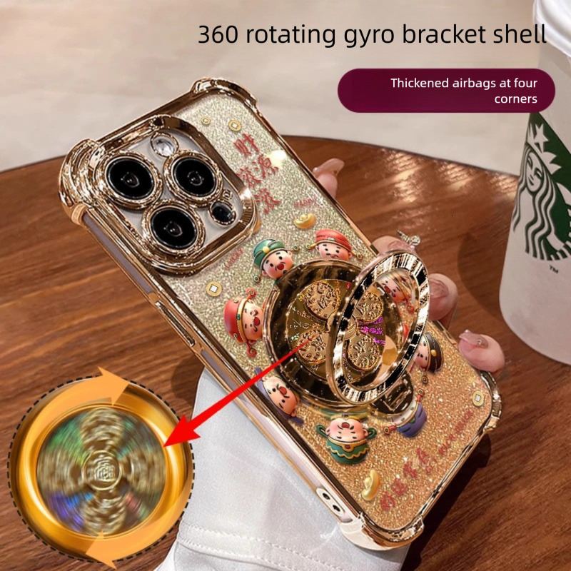 Designer Luxury 360 Rotating Fidget Spinner Phone Case Premium Gold Glitter Lucky God Pattern Shockproof Cover With Stand High-end Case For Applicable