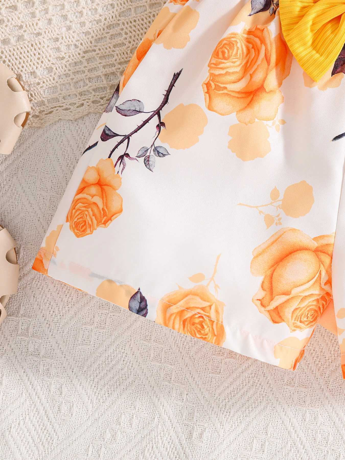 2025 Fashion Girl Summer solid color breathable wear-resistant and washable knitted top with flower print pattern dress H260402