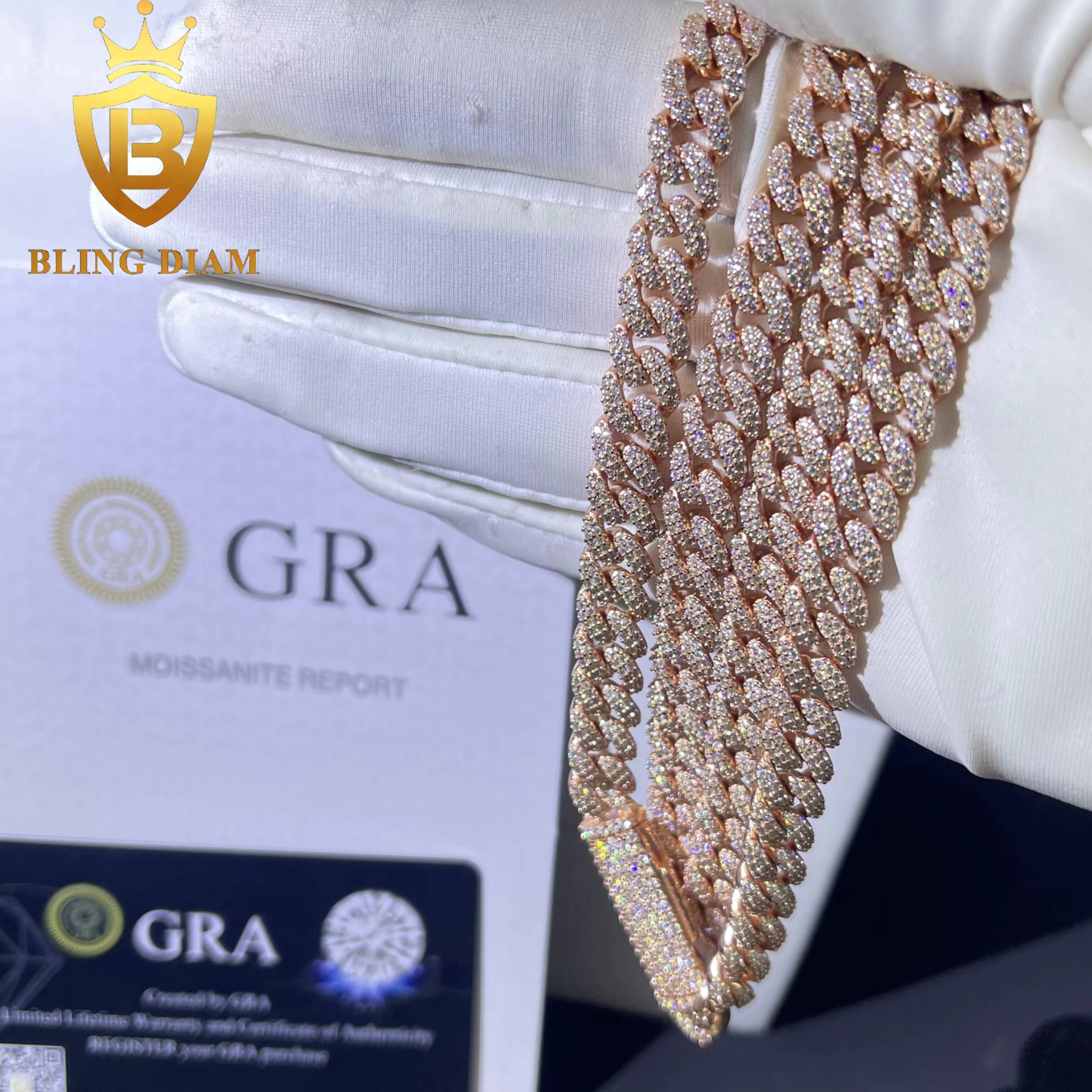 8mm Iced Out Hip Hop Miami Rose Gold Cuban Link Chain Moissanite 925 Sterling Silver Necklace Bracelet Set for Men