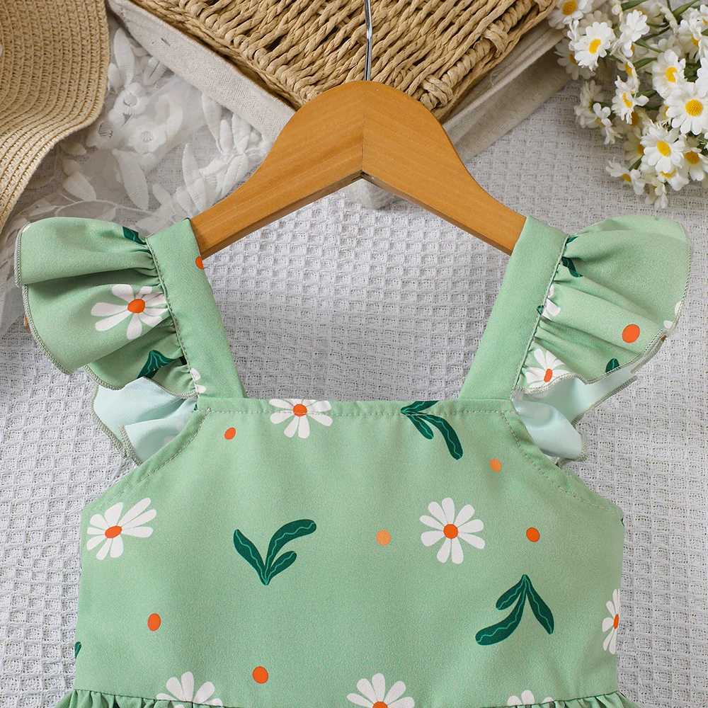 Girls summer style small fly sleeve plant print dress H260402