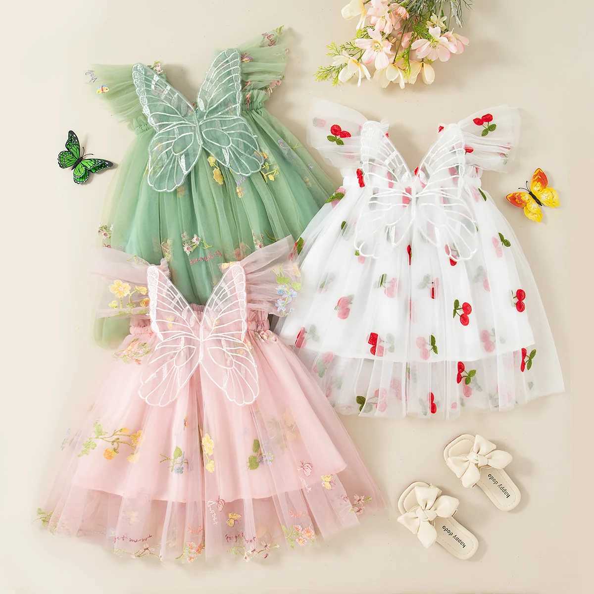 Summer New Sweet Butterfly Wing Baby Girl Princess Dress Floral Chiffon Wedding Party ChildrenS Sleeveless Clothes 0-4 Years H260402
