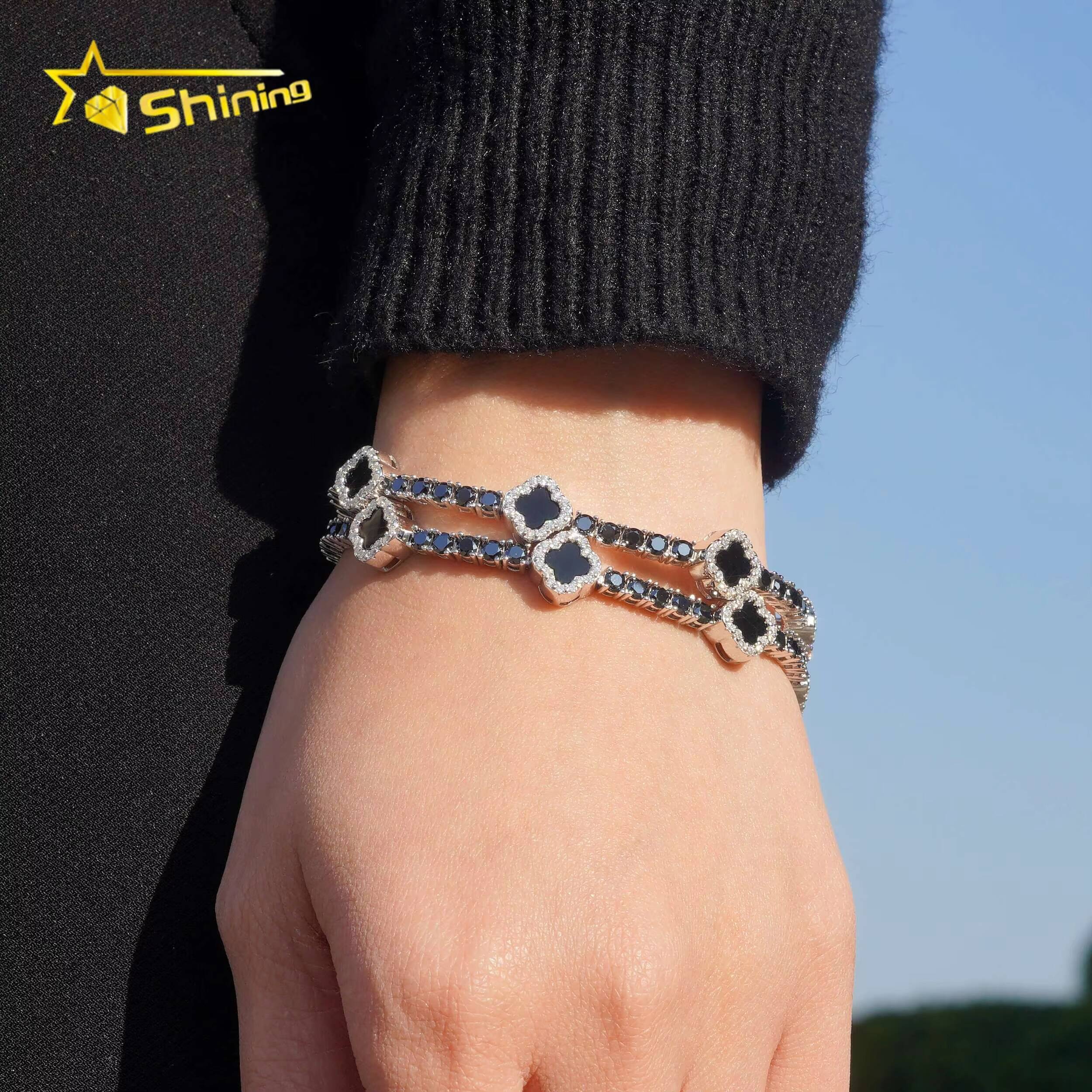 USA Warehouse Local Stock3mm Moissanite Bracelet 925 Solid Silver Hip Hop Iced Out GRA Moissanite Black Clover Tennis Bracelet
