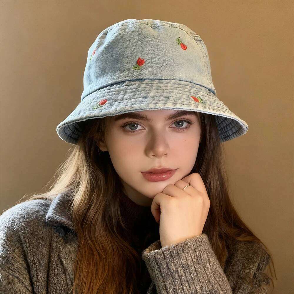 Emboridery Denim Bucket Hat Summer Travel Beach Sun For Women Men Fresh And Cute Fisherman Hats Wholesale