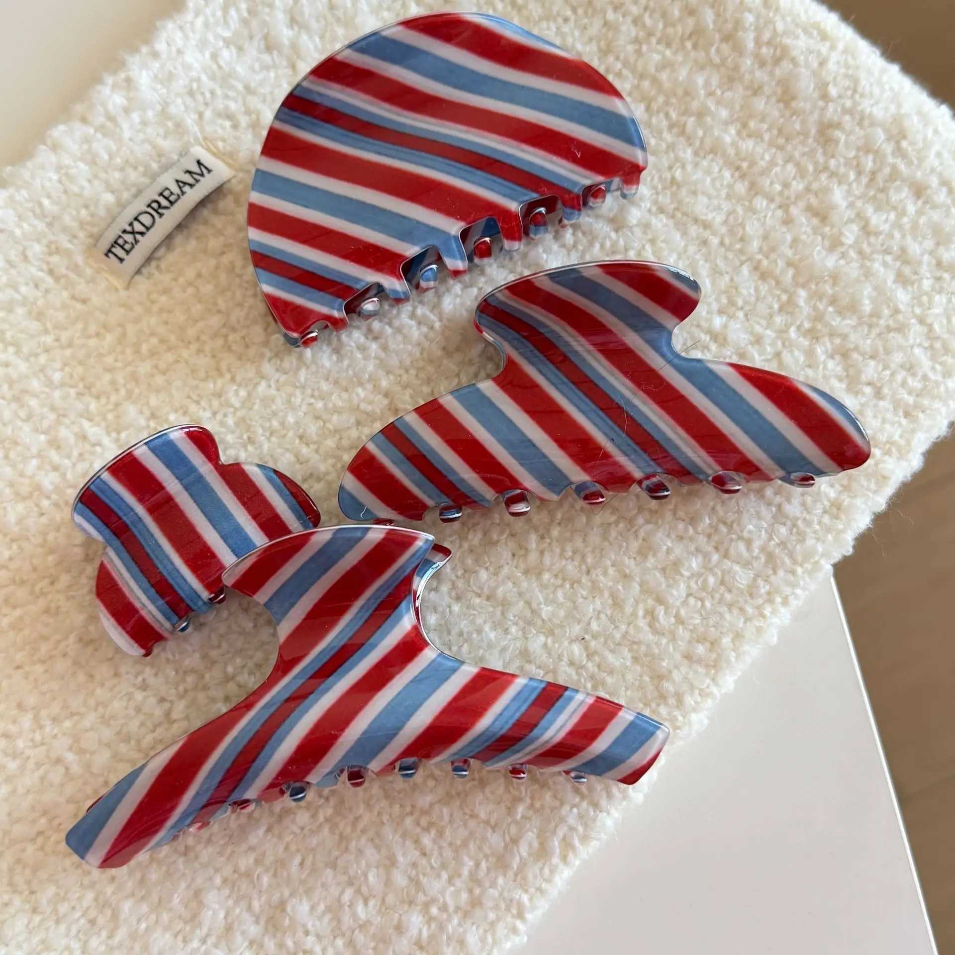 Blue Red Stripe Pattern Hair Claw Retro Irregular Design Acrylic Hair Claw Festive Atmosphere Clips Hair Accessories for Women H260402