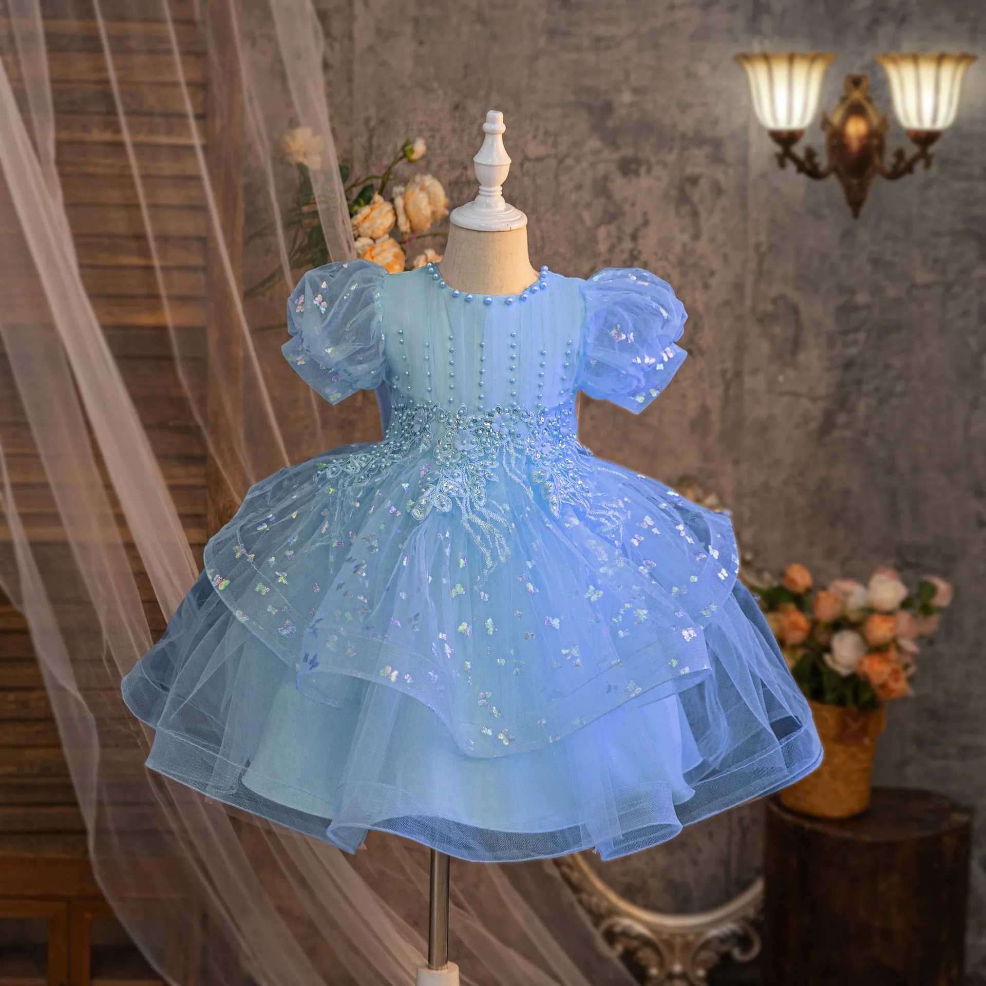 Summer New Girls Bow Bead Embroidered Fluffy Skirt Baby Girls Birthday Mesh Dress H260402