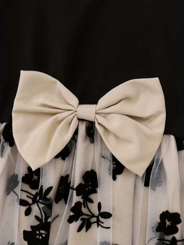 Spring Autumn Infant Toddler Girls round Neck Fly Sleeve Splice Flower Print Tulle Casual Dress for Baby Girls H260402