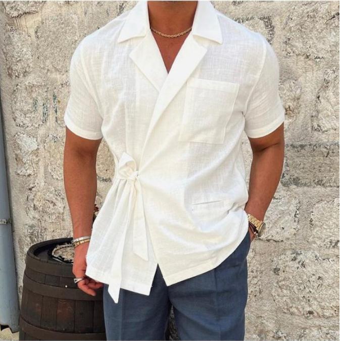 INCERUN Men T Shirt Solid Color V Neck Short Sleeve Summer Casual Male Tee Tops Streetwear 2024 Lace Up Fashion Men Clothing 241223