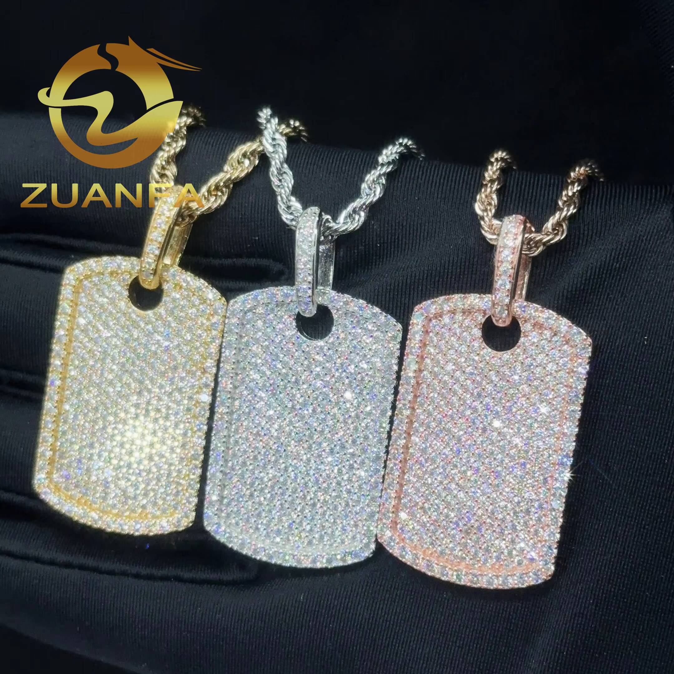 Ready to Ship Moissanite Hip Hop Jewelry Tag Iced Out Pendant Sterling Silver 925 Moissanite Dog Tag Pendant With Rope Chain