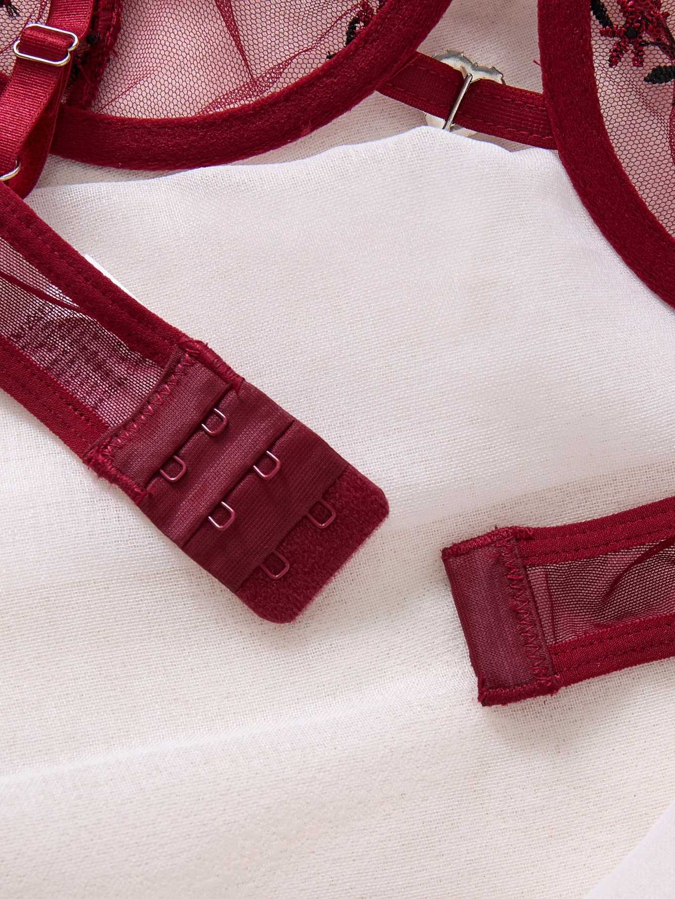 WineRed French-style floral embroidery lace lingerie set and pure desire sheer bra supportValentines Day party ZA824026 Z260402