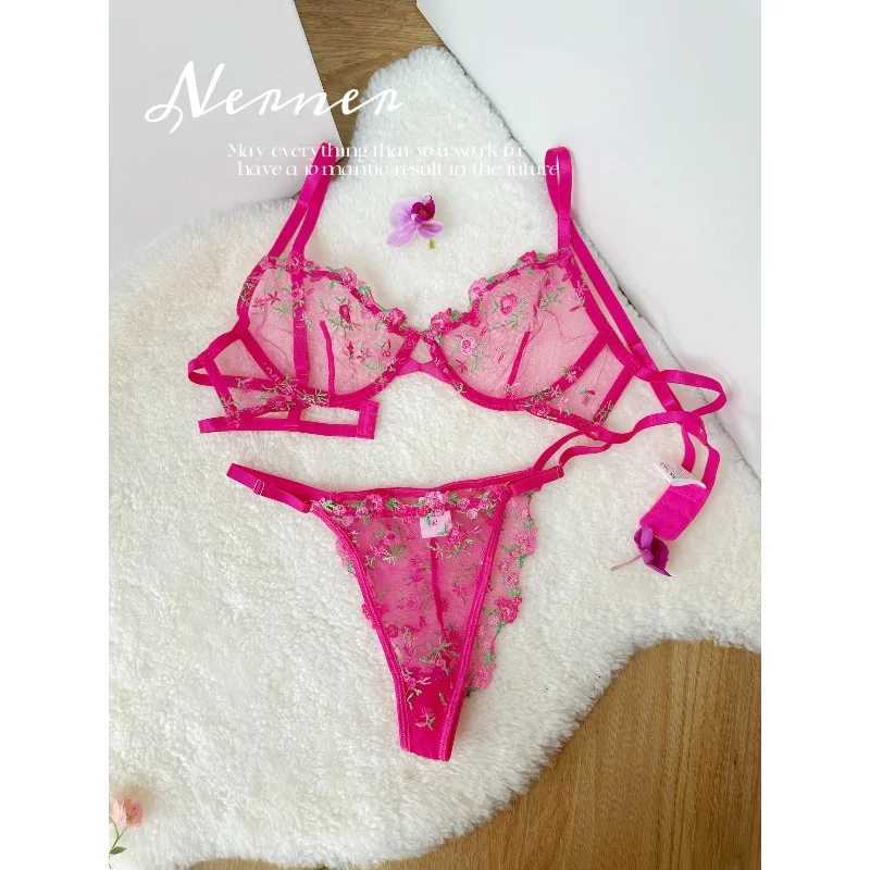 Kawaii Japanese Lingerie Set Sheer Tulle Pink Floral Embroidery Bra Bralette Pure Matching Set BANERDANNI Tushy Bras Z260402