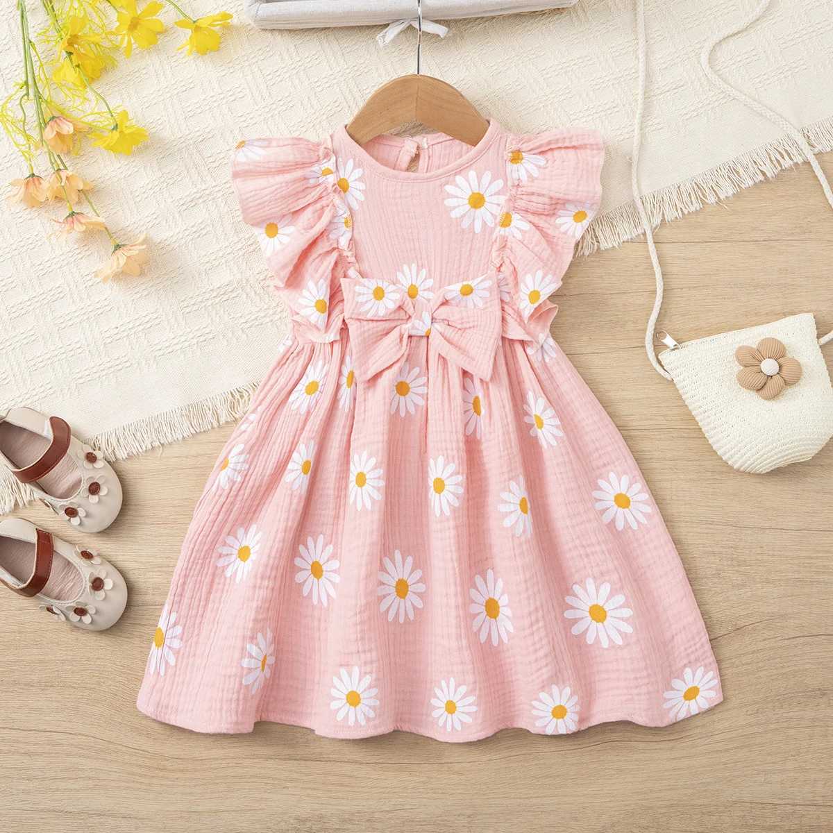 Girls summer daisy print dress cotton muslin sweet bowknot dress ruffle sleeve breathable lightweight dress H260402