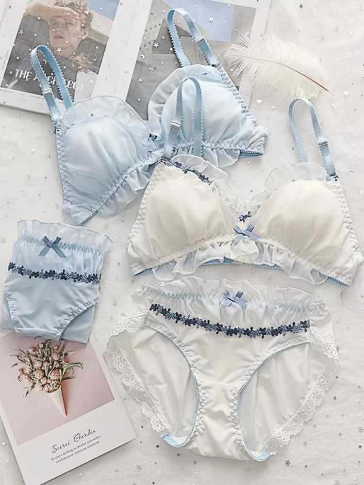 Kawaii Japanese Wirefree Bra Set Lace Mesh Push Up Triangle Bralette for Small Chest Cute Underwear MOYISU Set Bras Panty AB Z260402