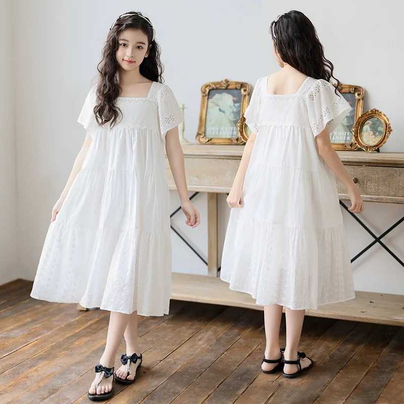 2026 Summer Girls White Lace Dress Cotton Square Collar Flare Sleeve Princess Dresses for Kids 12 13 14 Years Children Clothes H260402