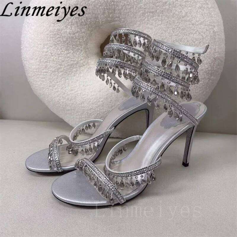 Summer High Heels Women Rhinestone String Bead Ankle Snake Twine Around Wedding Shoes Lady Gladiator Sandals Woman