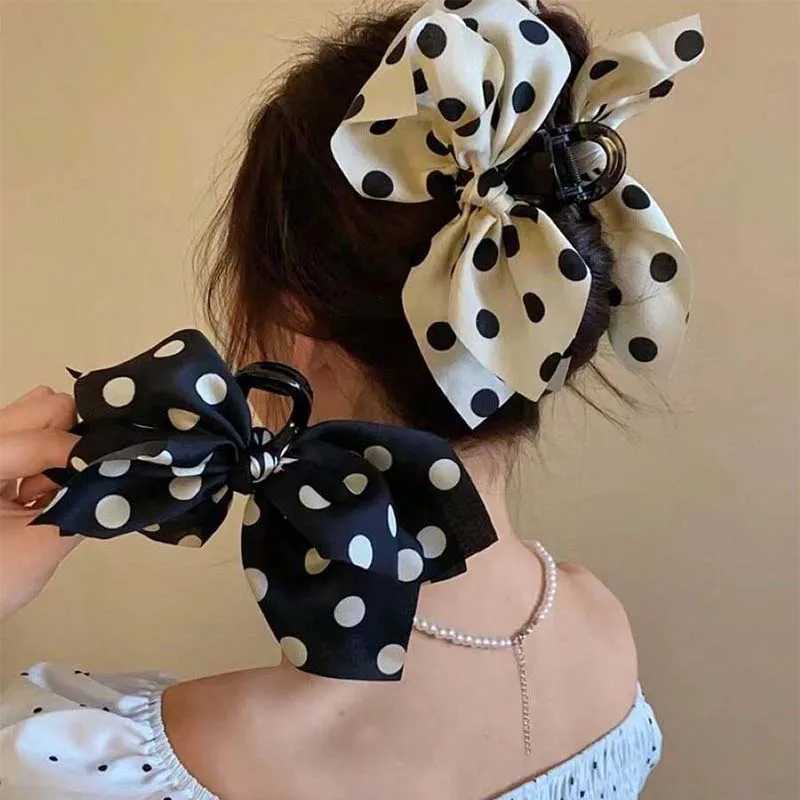 Vintage Black Polka Dot Bow Hair Claw Crabs For Women Elegant Large Shark Cip Ponytail Braid Hair Claw Hair Accessories H260402