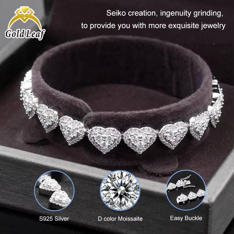 Goldleaf Jewelry 925 Sterling Silver Hiphop Heart Shape Moissanite Bracelet Bangles 8mm VVS Iced 8mm Cuban Link Chain