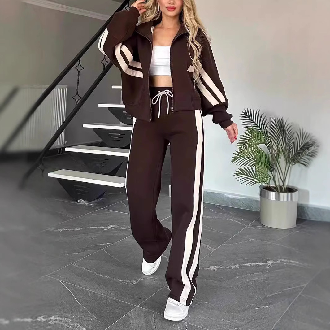 Women's Set Striped Side Full Sleeve Zipper Fly Jacket and Wide Leg Sweatpants 2026 Two 2 Piece Set Outfit Tracksuits Casual Set