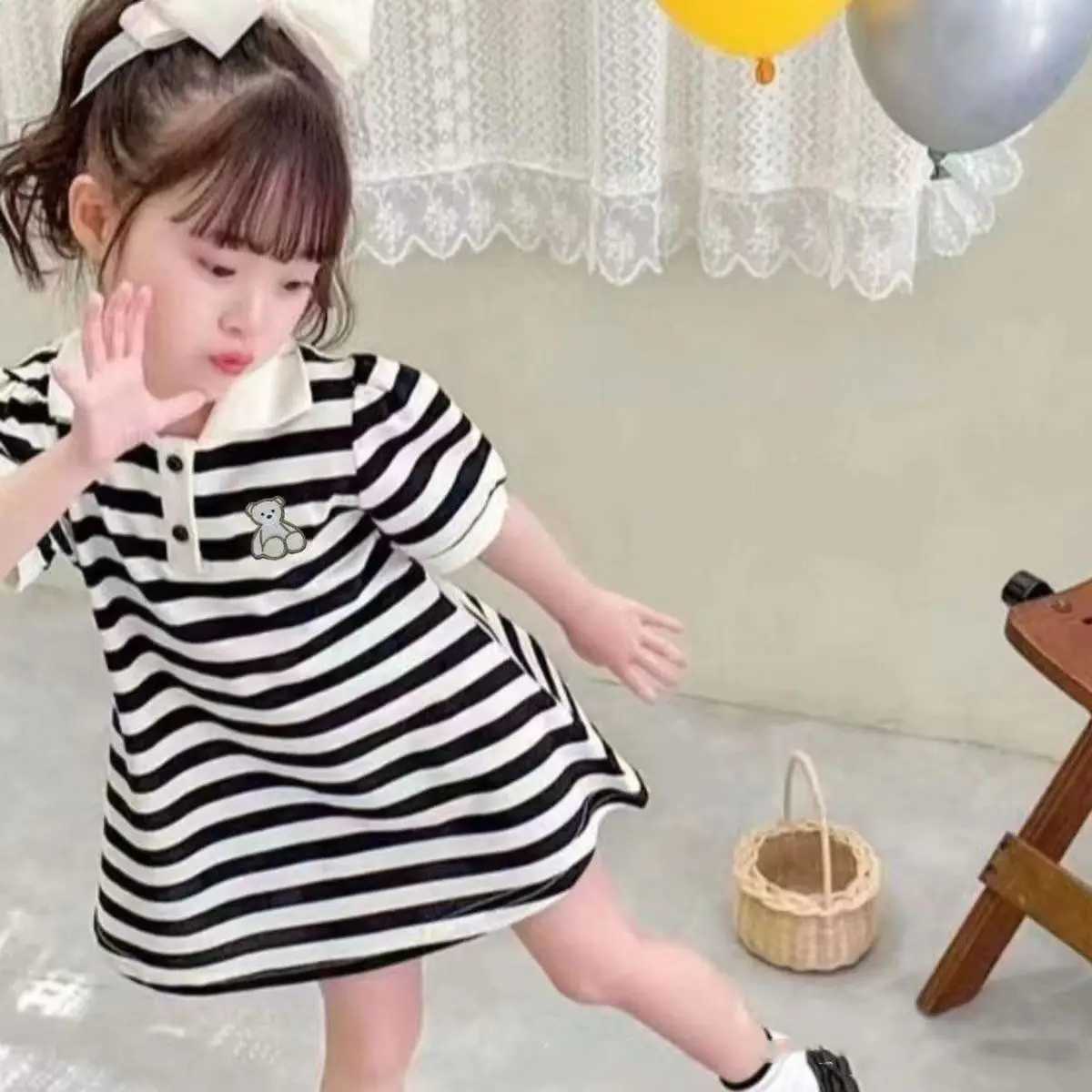 2025 New Childrens Dress Girls Summer Korean Edition Striped Strawberry Lapel Polo Collar Striped A-line Skirt 1-10 Years Old H260402