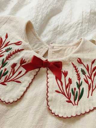 Girls Embroidered Peter Pan Collar Dress French Sweet Bow Loose Forest Pastoral Artistic Dress Spring Autumn Retro Dress H260402