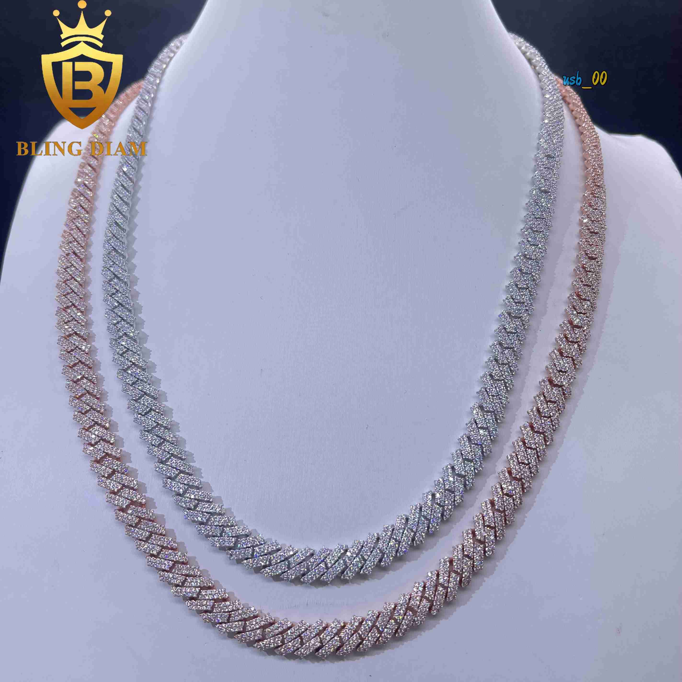 14mm Hip Hop Jewelry 2 Rows Moissanite Iced Out Miami Rose Gold Cuban Link Chain 925 Sterling Silver Necklace for Men