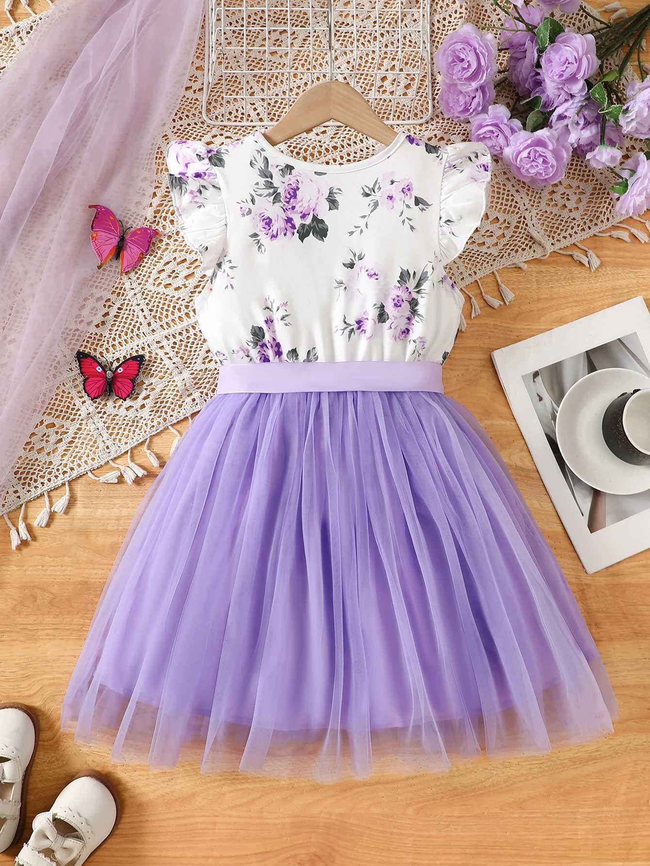 Girls Casual Fashion Knitted Sleeveless Round Neck Flying Sleeves Ruffled Flower Digital Printed Mesh Dress Holiday Beach Party Gift with Ribbon H2604