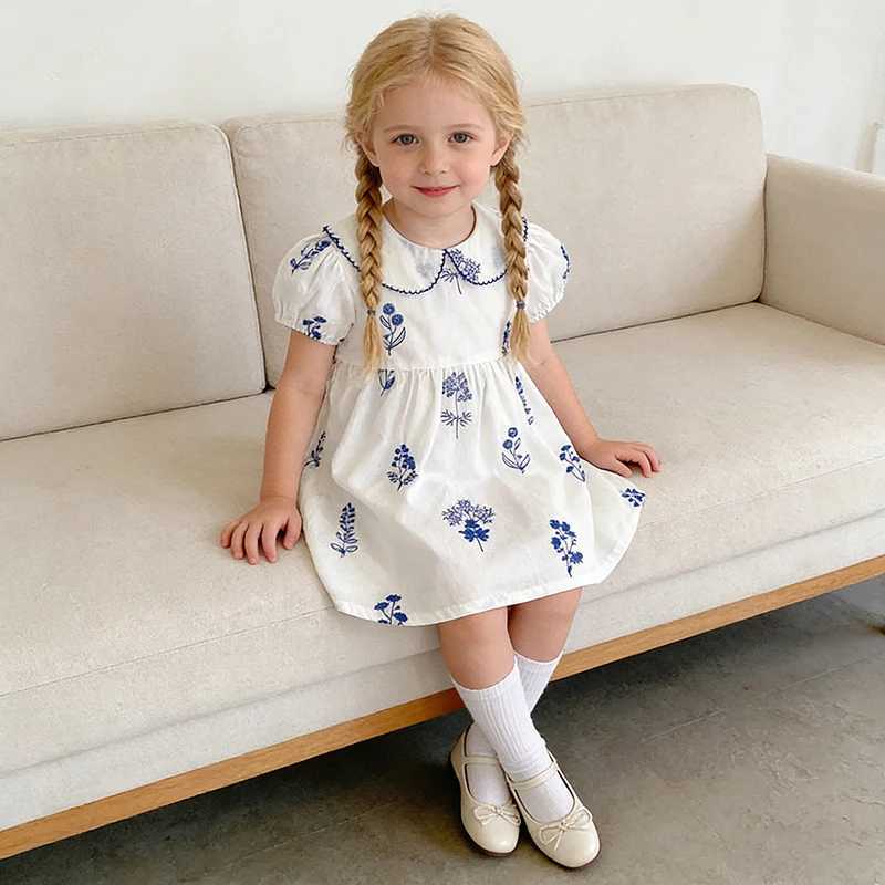 Summer New Style 2-6Y Girl Dress Short Sleeve Baby Clothes Childrens Dress Korean Embroidered Girls Retro Sister Dress H260402