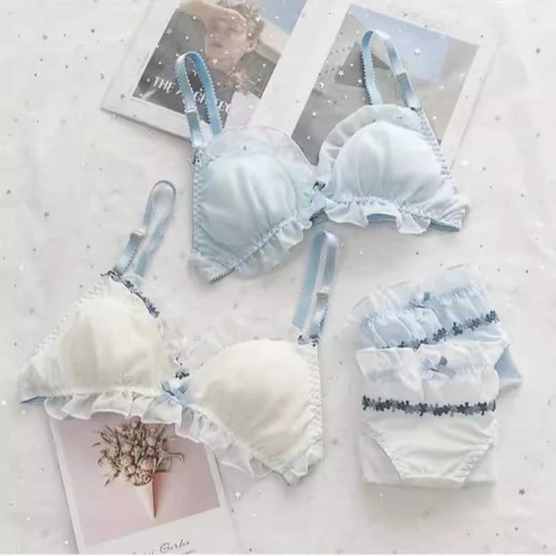 Kawaii Japanese Wirefree Bra Set Lace Mesh Push Up Triangle Bralette for Small Chest Cute Underwear MOYISU Set Bras Panty AB Z260402