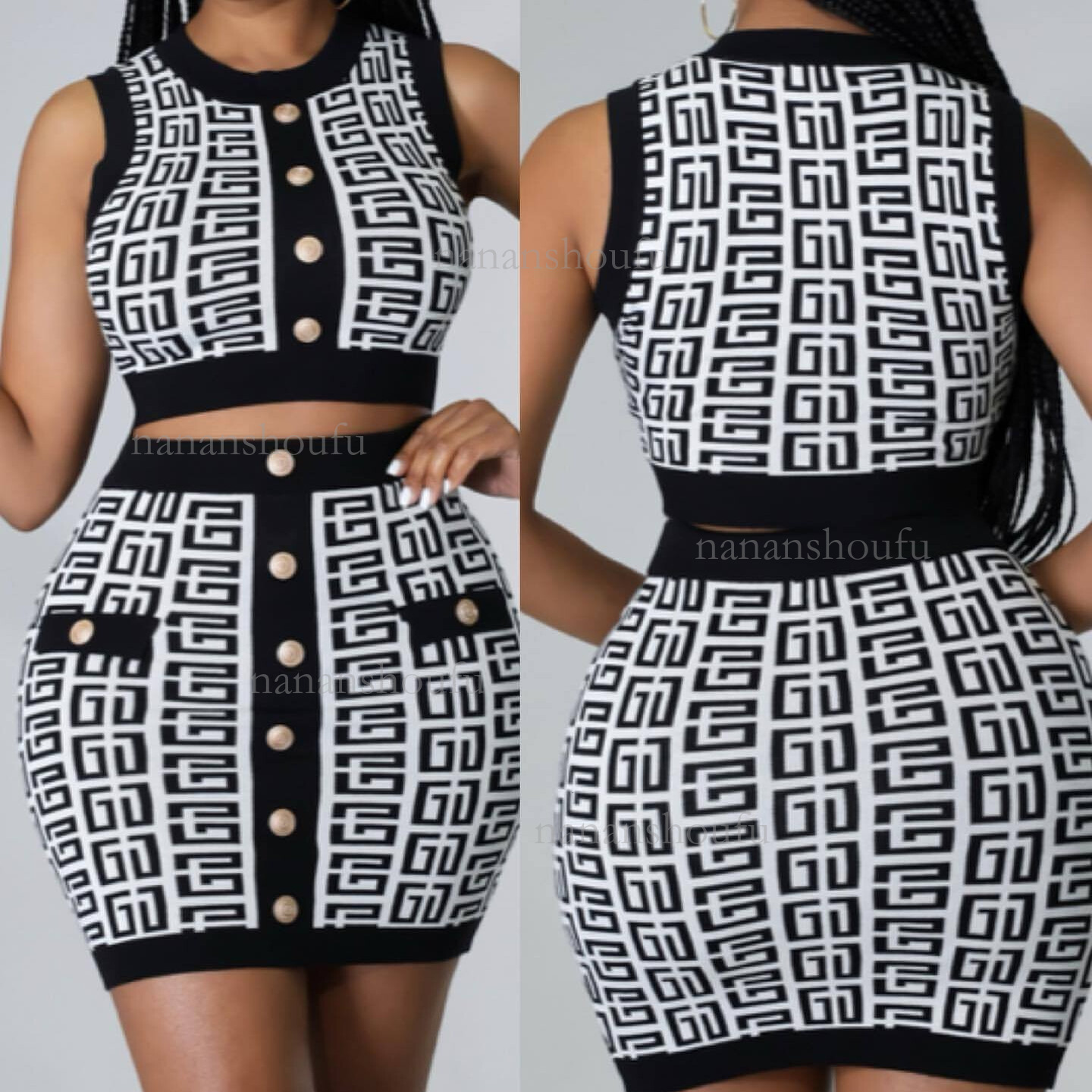 2026 Designer Set European And American Fashion Luxury Round Neck Sleeveless Waist Knitted Tank Top Geometric Stripe Sexy Short Skirt Set Trendy Women
