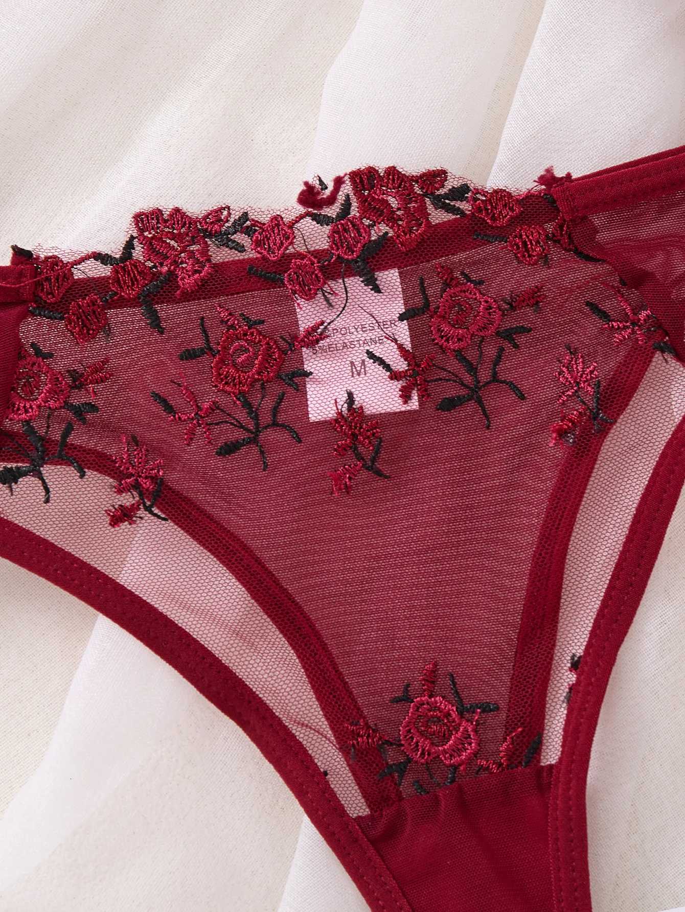 WineRed French-style floral embroidery lace lingerie set and pure desire sheer bra supportValentines Day party ZA824026 Z260402
