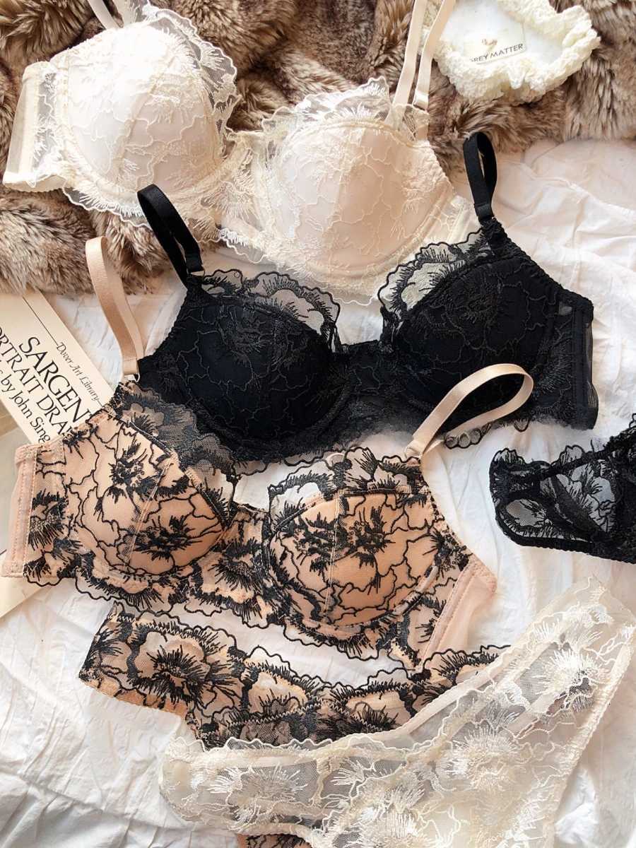 Lace Flowers Embroidery Bra Set Thin 3/4 Cup Push Up Lingerie For Women Summer Breathable Comfort Brassiere Underwear Sets Z260402