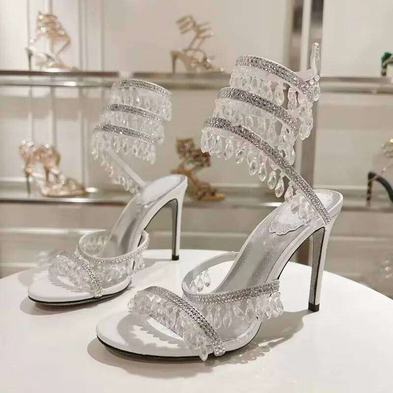 Summer High Heels Women Rhinestone String Bead Ankle Snake Twine Around Wedding Shoes Lady Gladiator Sandals Woman