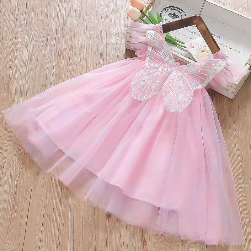 Baby Girls Dress for 1 to 5 Years Fly Sleeve Cute Princess Butterfly Mesh Dress 2024 New in Dress Rainbow Summer Dress for Girls H260402
