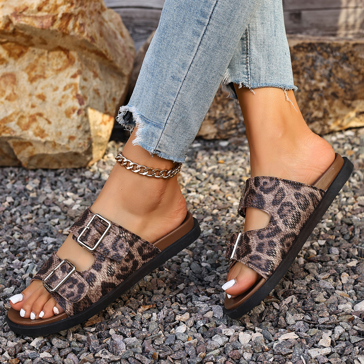 Cross-border European and American fashion leopard print buckle slip-on open-toe round-toe double-soled mules women's sandals Birkenstock style d