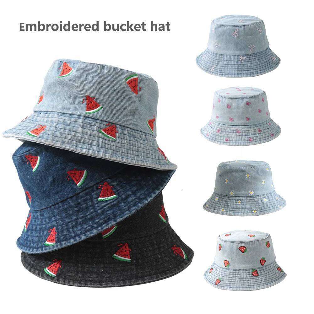Emboridery Denim Bucket Hat Summer Travel Beach Sun For Women Men Fresh And Cute Fisherman Hats Wholesale