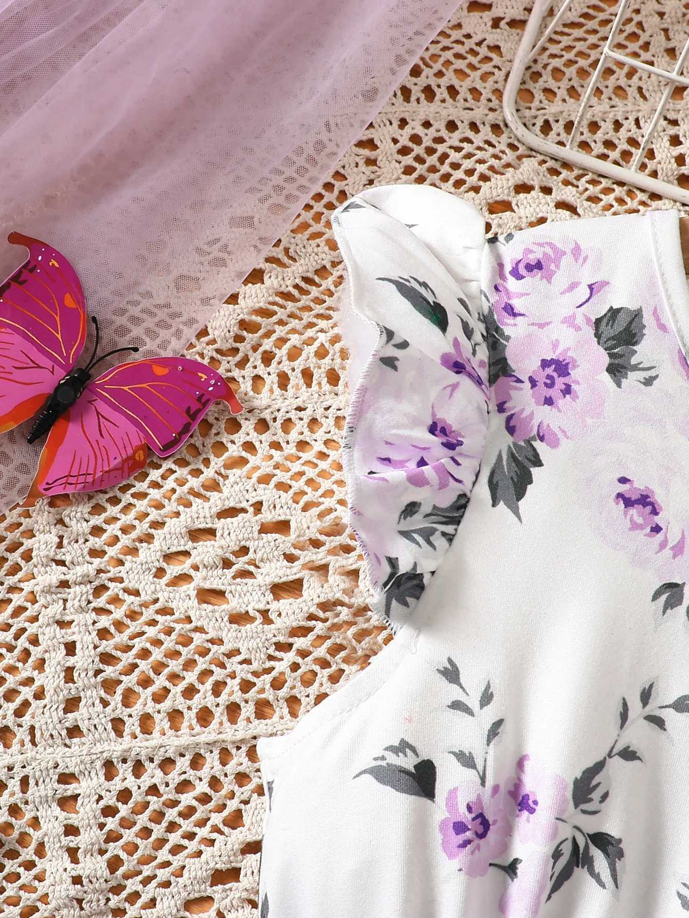 Girls Casual Fashion Knitted Sleeveless Round Neck Flying Sleeves Ruffled Flower Digital Printed Mesh Dress Holiday Beach Party Gift with Ribbon H2604