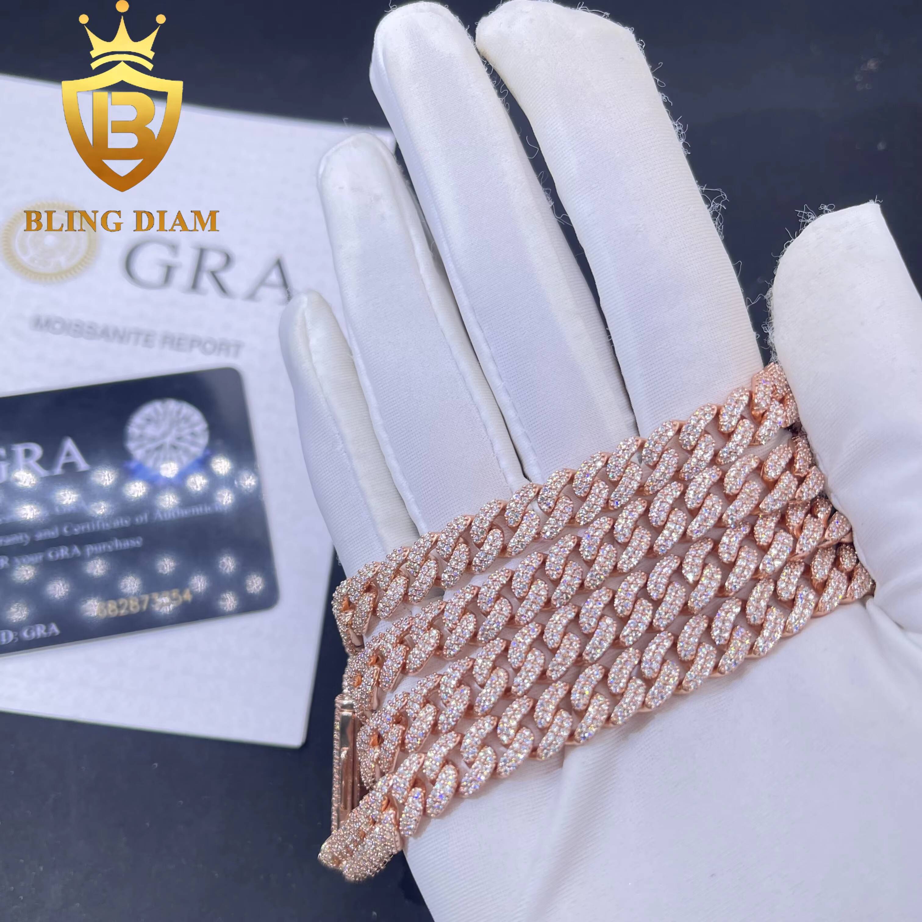 8mm Iced Out Hip Hop Miami Rose Gold Cuban Link Chain Moissanite 925 Sterling Silver Necklace Bracelet Set for Men