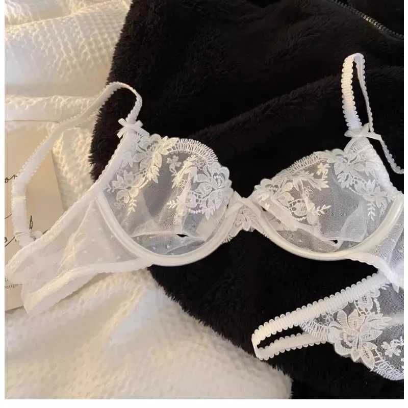 French Lace Bra Panty Set w/Steel Rings Ultra-Thin Push-Up Bralette Small Bust Sheer White Lingerie Pure Seductive Style Z260402