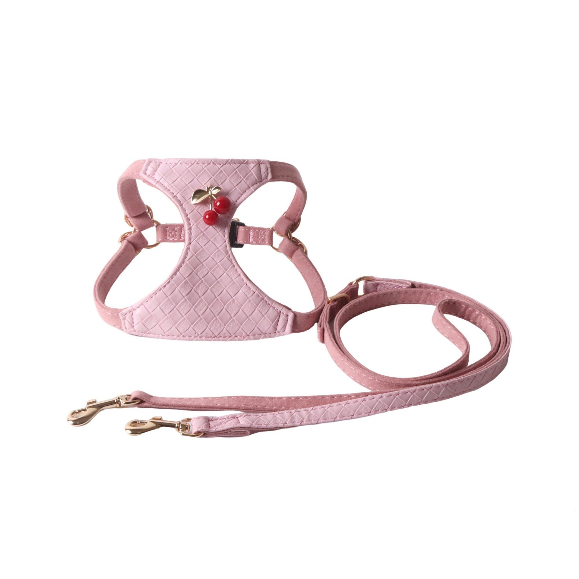 Pet Harness Set New Braided Leather Pu Quilted Pattern Chest Vest With Red Cherry Decor Double Hook Leash For Dogs