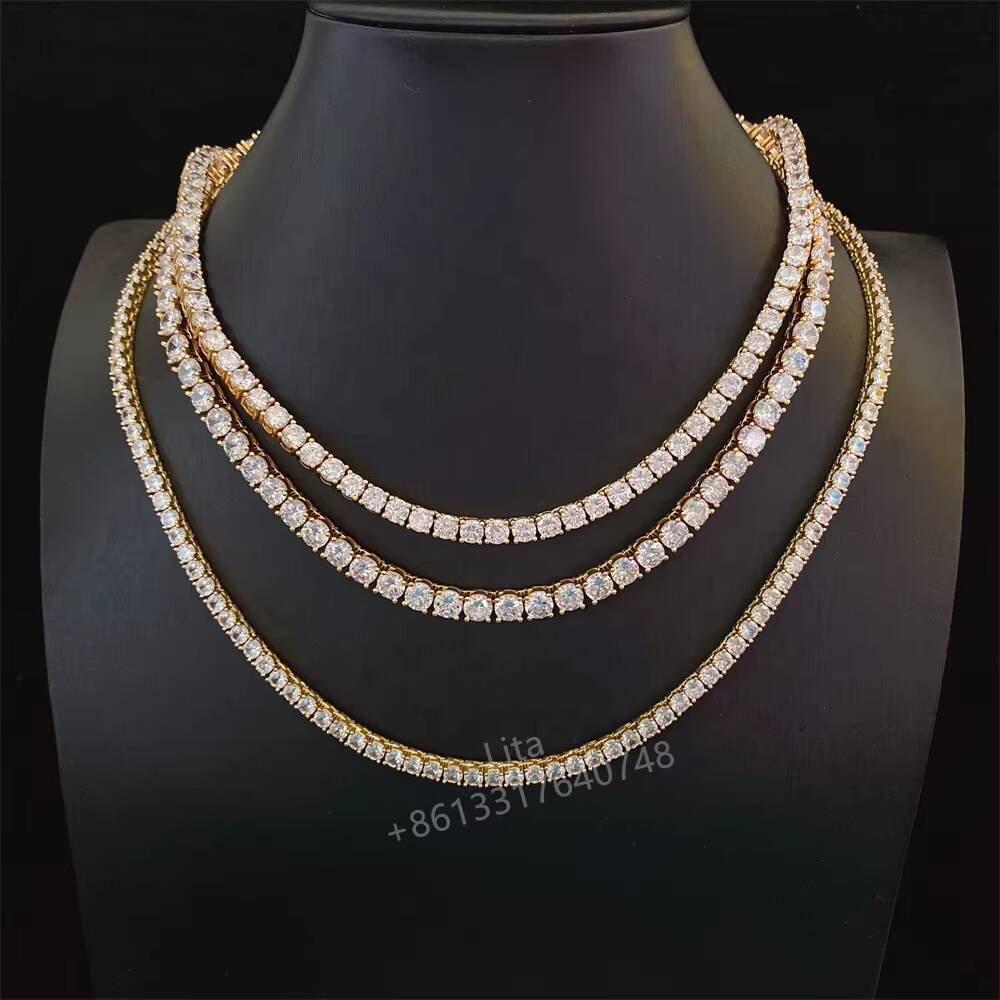 Wholesale 14k 18k Gold Filled Chain Gold Plated Jewelry Moissanite 925 Sterling Silver Necklace 4mm Diamond Tennis Chain