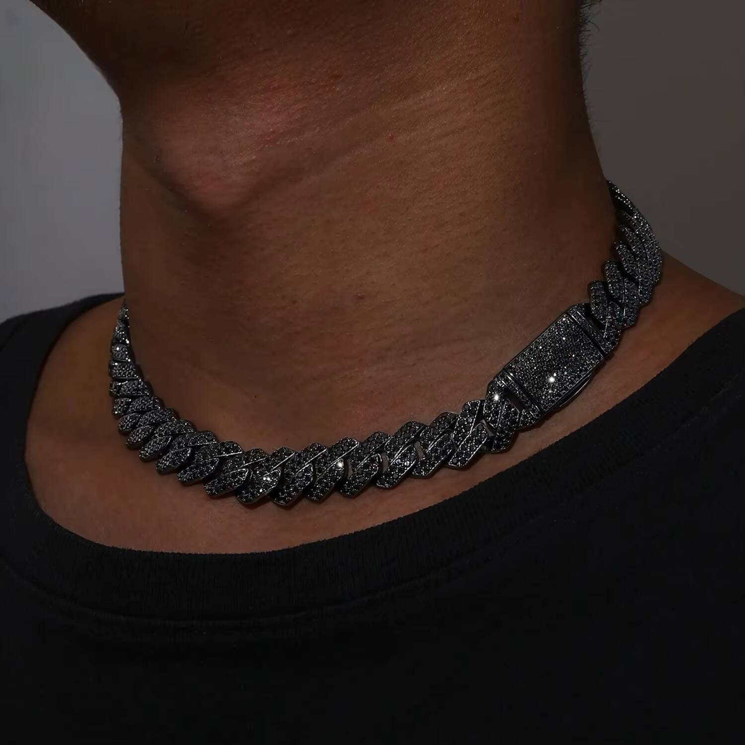 Black Cuban Link Chain Heavy Miami 14MM Rhomboid Gold Real Moissanite Solid 925 Silver Iced Out Shine Necklace Cuban Chain