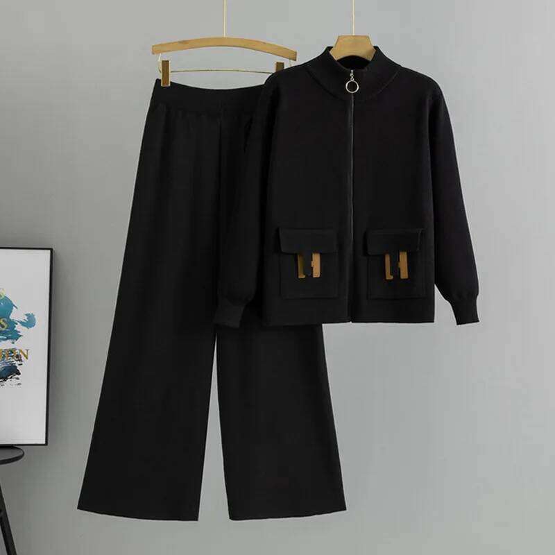 Women 2 Piece Set Knit Sweater Jacket Cardigan Wide Leg Pant Casual Knitted Outfits Tracksuit Suit Autumn Winter Knitwear
