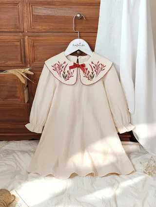 Girls Embroidered Peter Pan Collar Dress French Sweet Bow Loose Forest Pastoral Artistic Dress Spring Autumn Retro Dress H260402
