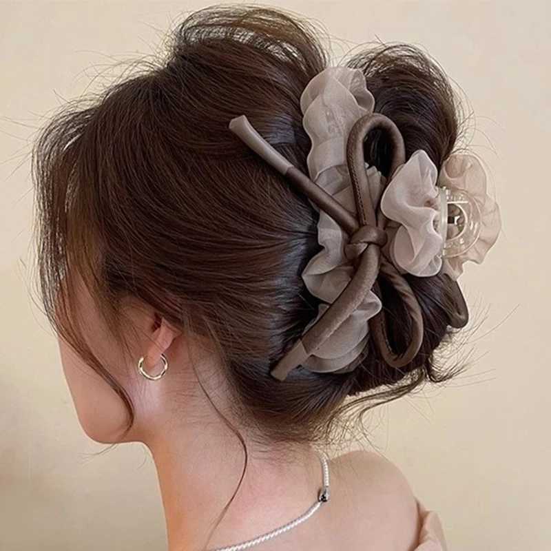 2025 New Mesh Tulle Large Bowknot Grab Clip Elegant Retro Female Ponytail Braid Claw Clip Hair Accessories Gift Headdress H260402