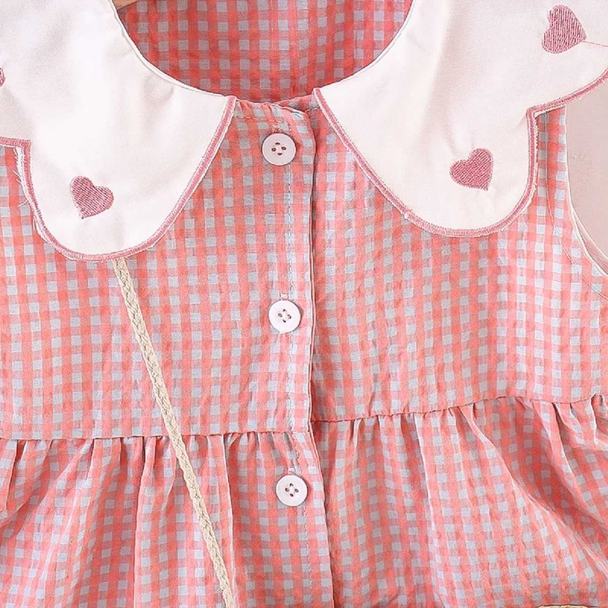2PCS/SETSummer Girls Dress New Foreign Trade Sweet Love Embroidered Lapel Simple Plaid Tank Top Skirt Strap Bag H260402