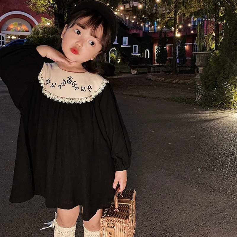 Toddler Girls Retro Dress Spring Autumn Cotton Lace Spliced Children Girls Vestidos Loose Long Sleeve Jacquared Babys Girl Dress H260402